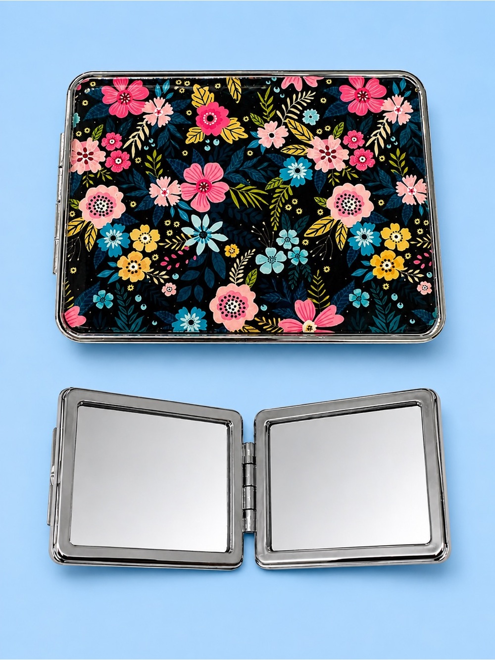 Floral Double Sided Compact Mirror - Folds ~ NWT 🖤💛🩵💫
